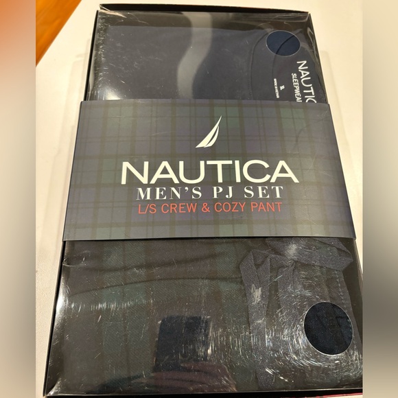 Nautica mens pajamas set long sleeve solid navy crew cozy pant navy green plaid - Picture 1 of 10